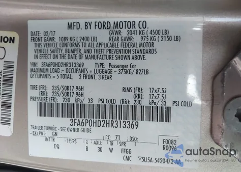 2017 Ford Fusion Se из США, поврежденный, VIN 3FA6P0HD2HR313369